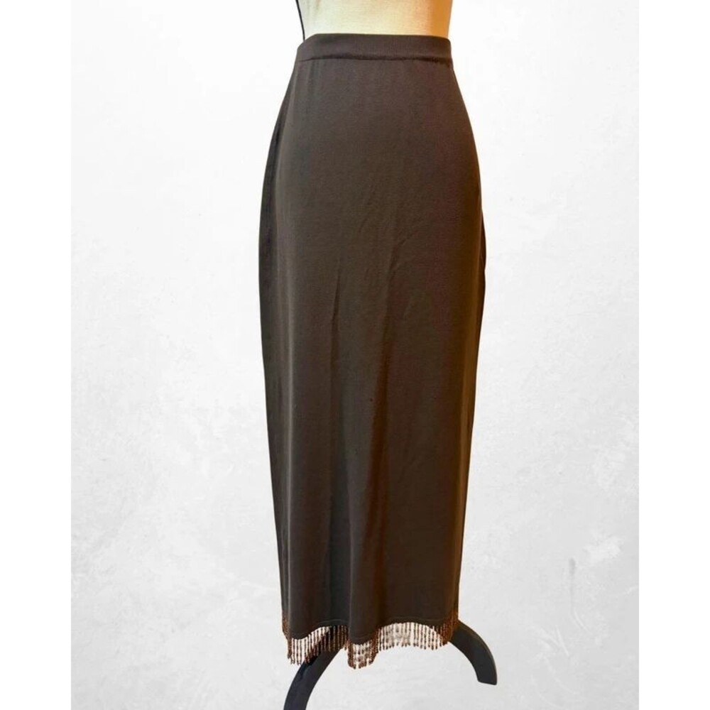 Chicos Bronze Silk Blend Maxi Skirt Size 0 Beaded Fringe Hem Knit Long